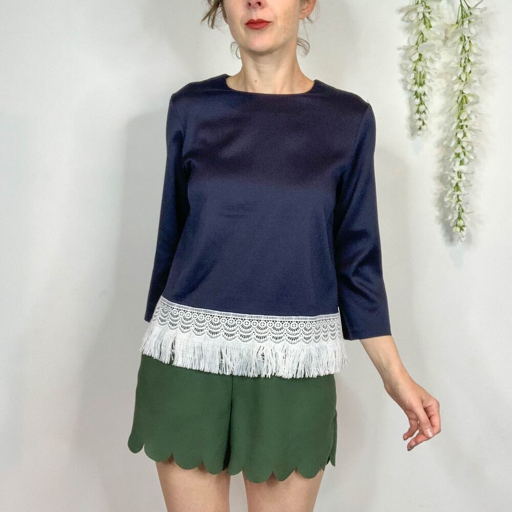 NWT ENGLISH FACTORY satin blouse fringe tassel navy long sleeve flapper 2266 - Picture 9 of 9